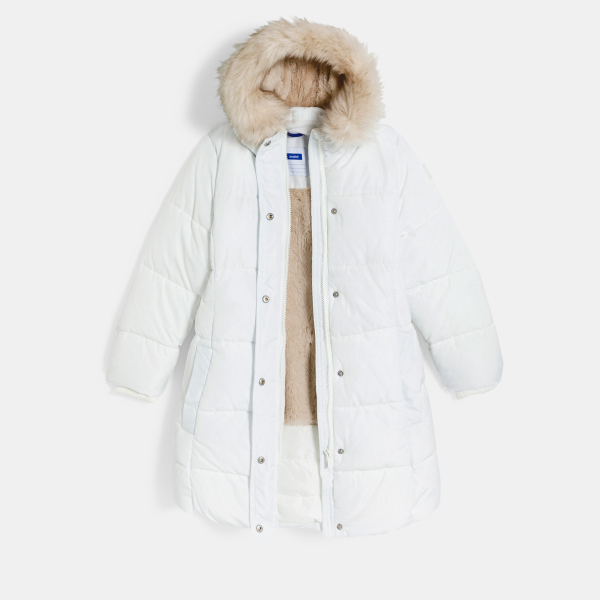 سترة منفوخة مبطنة طويلة طاردة للماء باللون الأبيض للفتيات